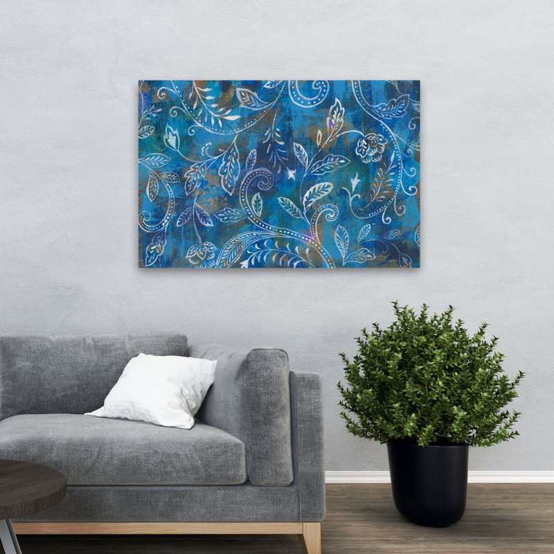 Élégance exotique I - art bohémien bleu à pois bohémiens, H 32 po x l 48 po