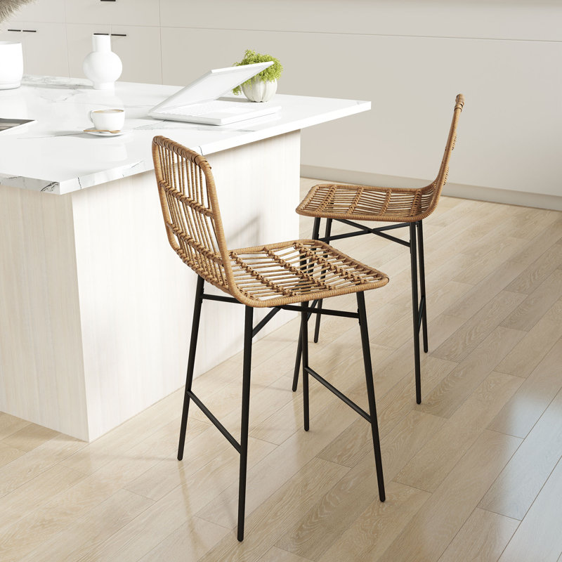 Rattan Counter Height Bar Stools Set of 2 Barstools with Back, Brown