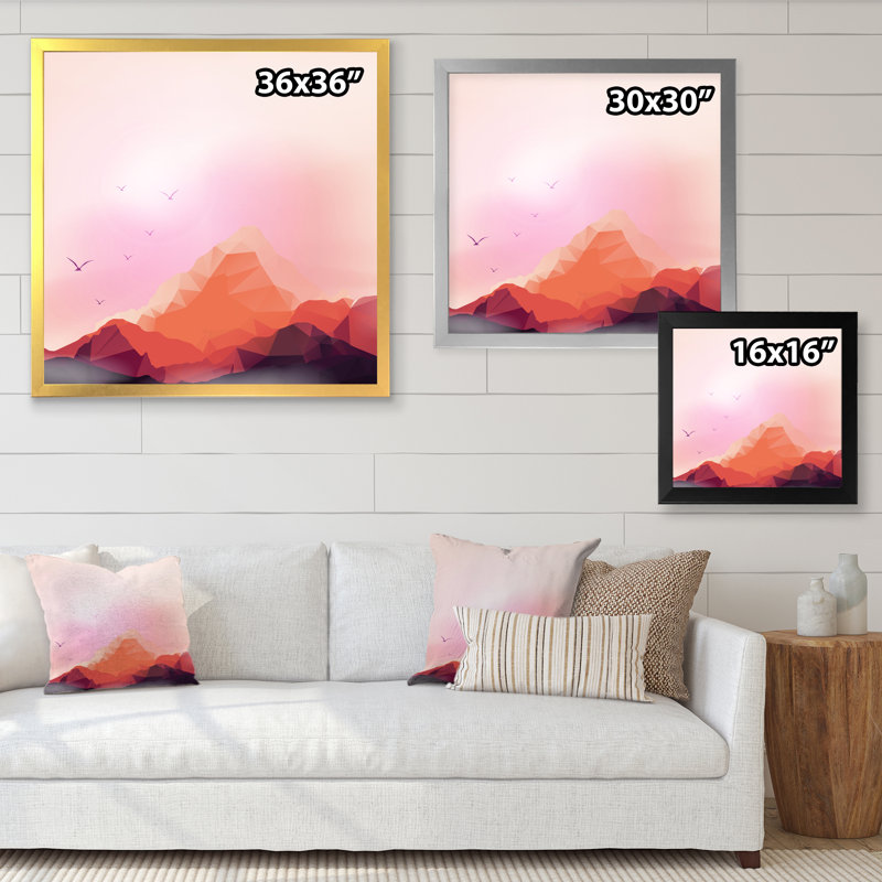 «Red Geometric Mountain and Sunset», impression sur toile, H 30 po x l 30 po, Cadre photo blanc