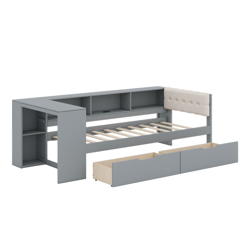 Lit plateforme avec tablettes de rangement, tiroirs, station de charge et tête de lit tapissier, Lit simple, Gris