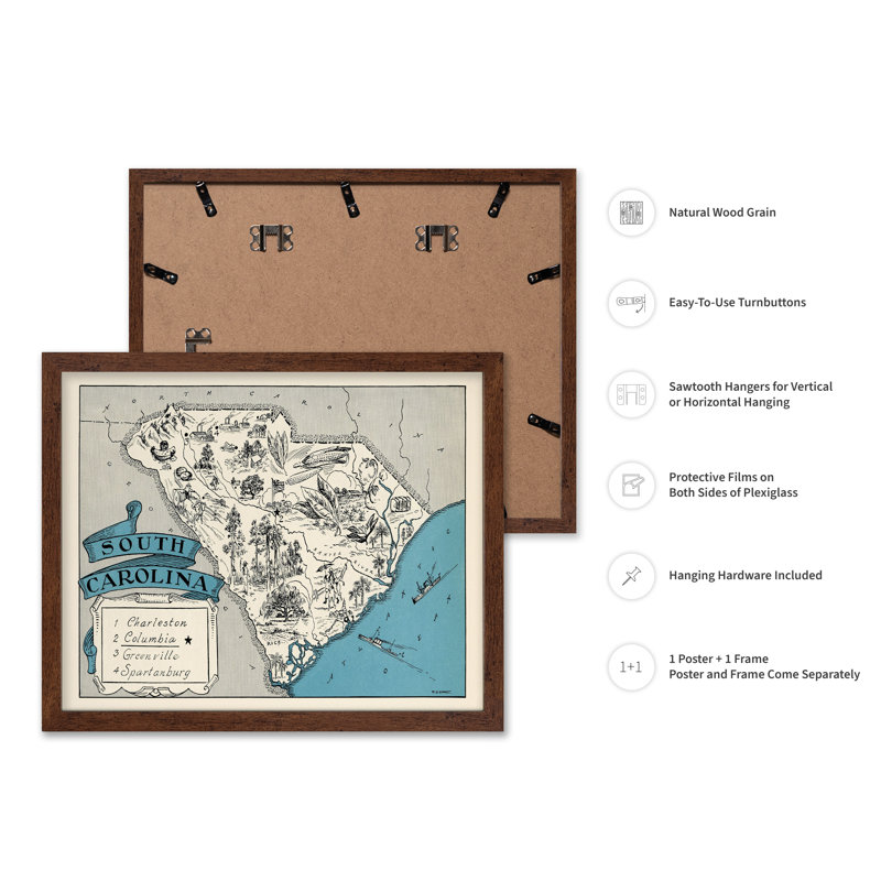Carte illustrée de South Carolina, 16"H x 20"W, Affiche, Encadrement brun