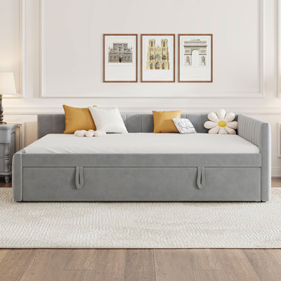 Gray Upholstered Full Daybed With Trundle And Cloud Backrest Design