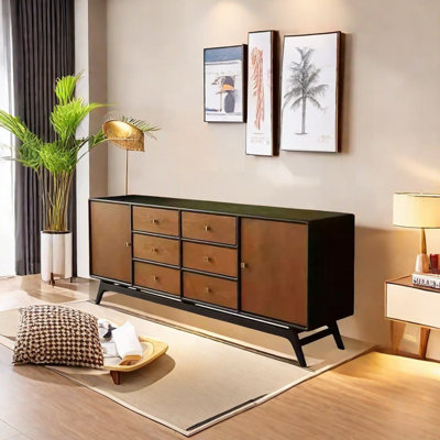 Ash Wood Sideboard with Six Drawers and Doors