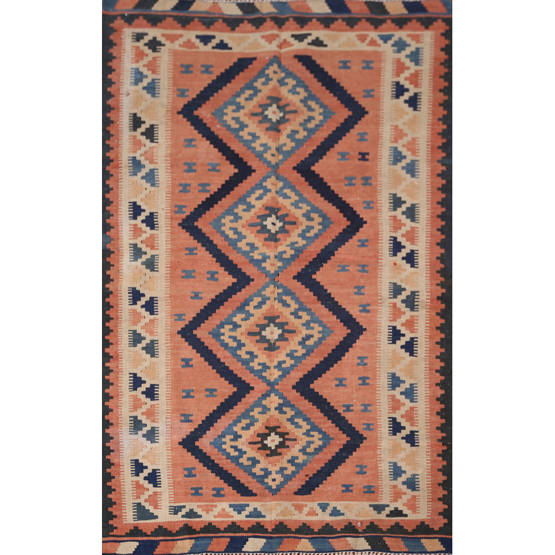 Tapis kilim rose en laine à motif géométrique 3 x 5