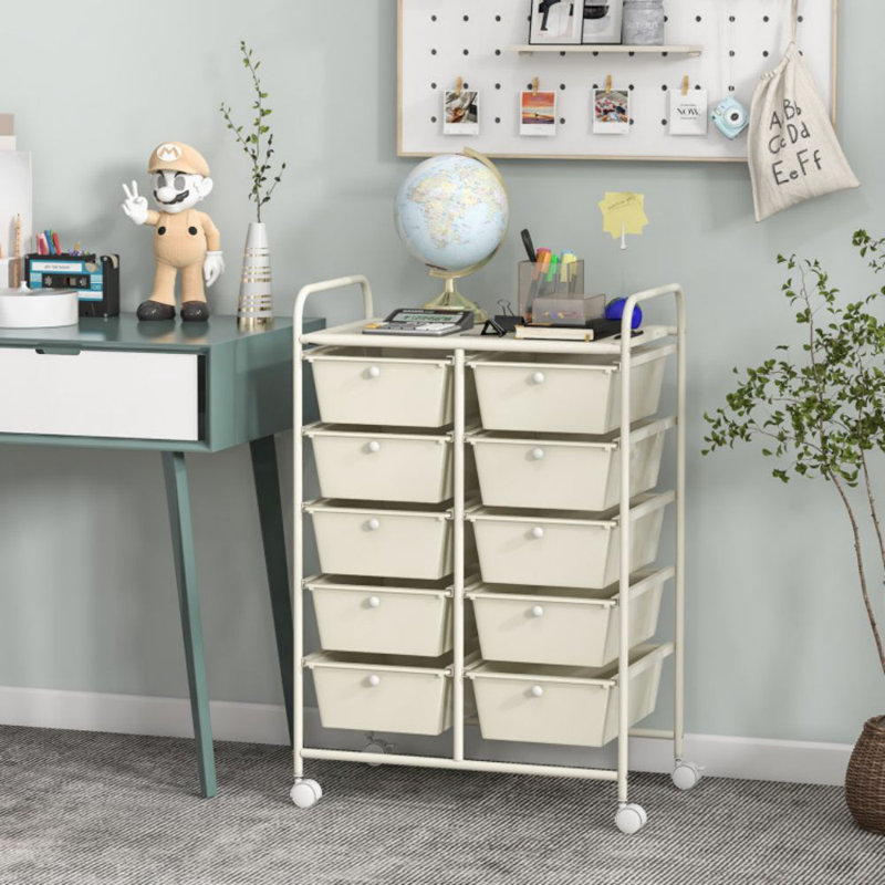 White 10-Drawer Rolling Storage Cart with Metal Frame