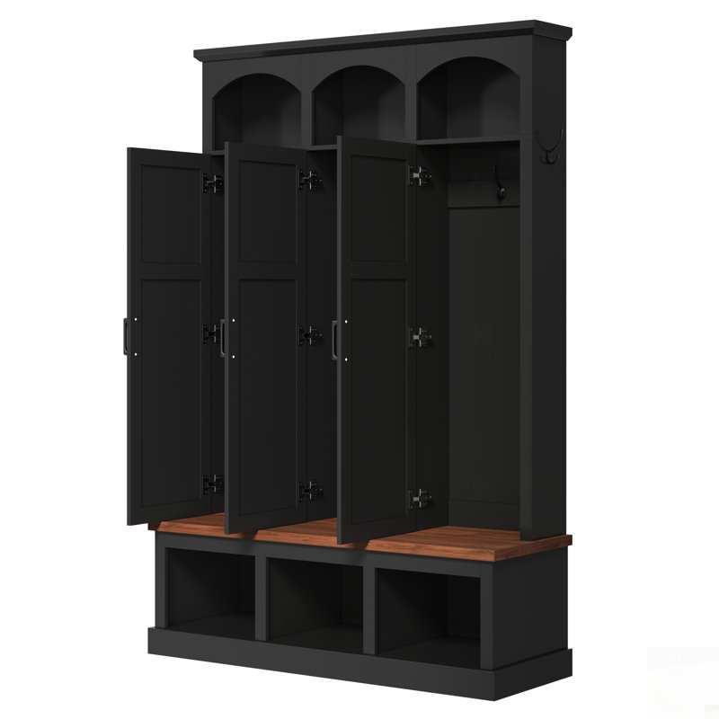 Classic Arched Design Hall Tree with 3 Hidden Storage, Farmhouse Mudroom with Walnut Bench, Mid-Century All-in-One Entryway Organizer with 5 Hooks for Hallway