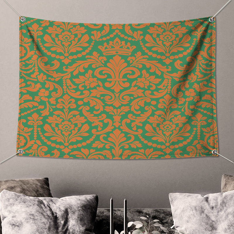Tapisserie murale orange et vert damassé, 68in H x80in W with 4 Grommets