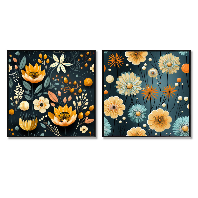 Folger - Ensemble de 2 collages carrés botaniques abstraits, Cadre flottant noir, H 16 po x l 33 po