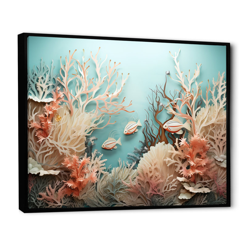 «Watercolor Fish Dance Collage», reproduction sur toile, H 30 po x l 40 po x P 1,5 po, Cadre flottant noir