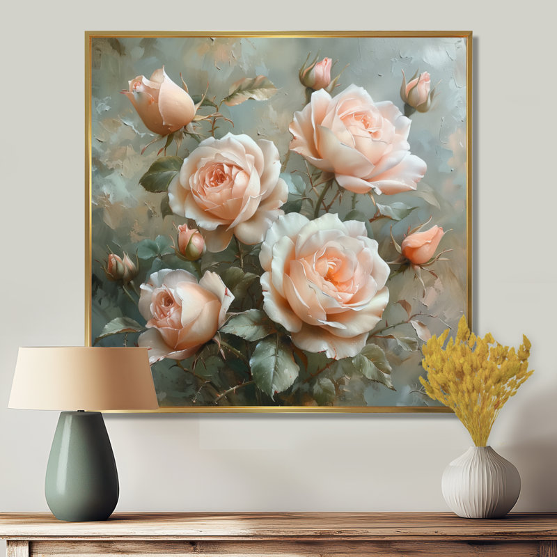 Rose, vert, féminin, flair roses II - Roses, art mural salon, Cadre flottant doré, H 36 po x l 36 po x P 1,5 po