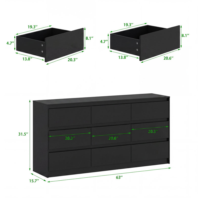 Commode 9 tiroirs l 63 po