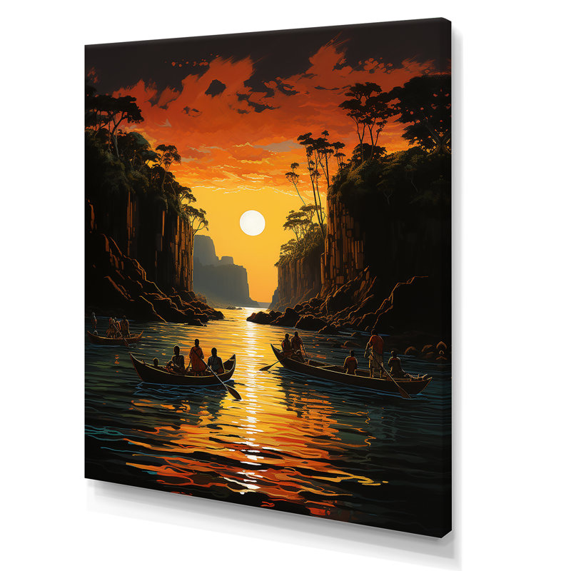Coucher de soleil africain sur la rivière Jungle 1 - Art mural Jungle, Toile tendue, H 20 po x l 12 po x P 1 po