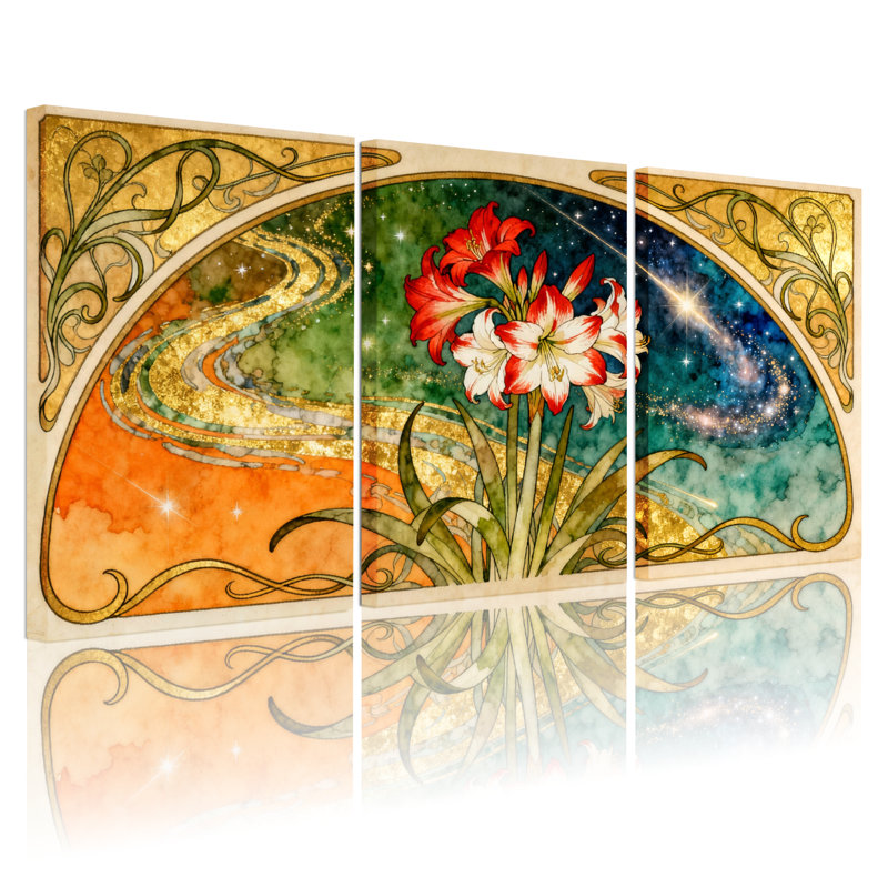 Floral et cosmique, ensemble de 3 reproductions d'art sur toile, H 24 po x l 48 po