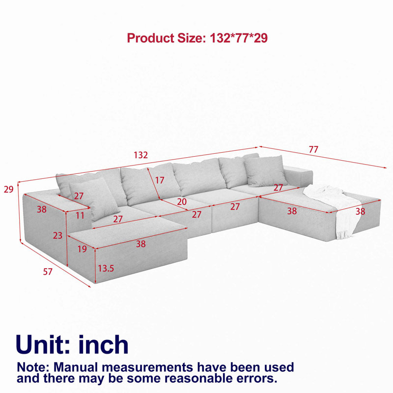 Ensemble de canapé modulaire en forme de L Boneless de 132 po avec 6 coussins, Gris chenille