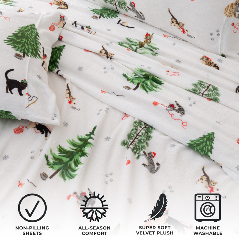 Queen Winter Cats Print Velvet Plush Microfiber Sheet Set