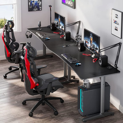 60 Inch Gaming Desk With Full Mouse Pad, Large Home Office Curved Computer Desk For 3 Monitors With Cup Holder, Headphone Hook And Handle Rack With US -  SANDILOOP, WalmHSS-B08731M3VX