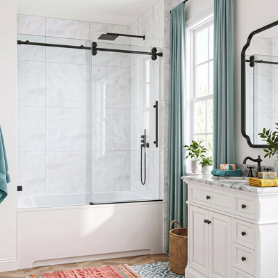 Porte de douche/baignoire coulissante sans cadre, tube rond, 50-55 po L x 60 po H, pellicule incassable, verre trempé de 3/8 po (10 mm) et roulettes silencieuses