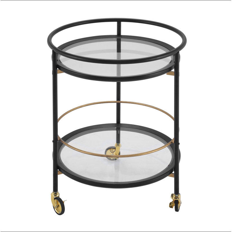 Chariot-bar rond moderne avec tablettes en verre trempé et accents dorés