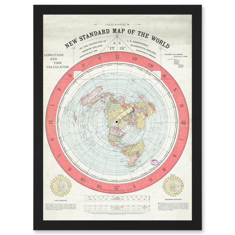 1892 World Time Calculator Flat Earth Map Gleason - Single Picture Frame Painting