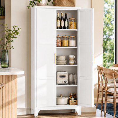 Armoire de rangement de cuisine autoportante blanche de 180 cm de hauteur, grande capacité, avec double porte et 5 étagères réglables, idéale pour organiser vos aliments dans la cuisine et la salle à manger. Dimensions : 70 cm (L) x 35 cm (P) x 180 cm (H).