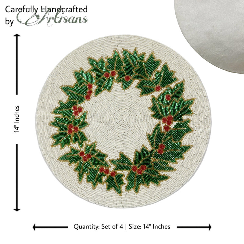 Holly Berry Beaded Placemat in White, Red & Green, Set of 2