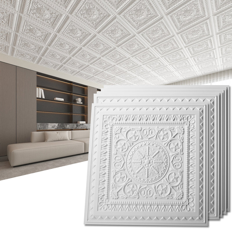  48-Pack Glue-Up PVC Ceiling Tile,2 Ft. X 2 Ft. PVC  Waterproof Drop-in Ceiling Tile for  for Interior Decor (192 sq.ft./Case)