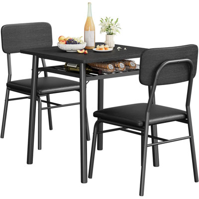 3-Piece Dining Table Set for 2 with Storage Rack, Small Space-Saving Kitchen Table & 2 Upholstered Chairs, Gray Wood Tabletop with Metal Frame Legs for Dining Room, Living Room