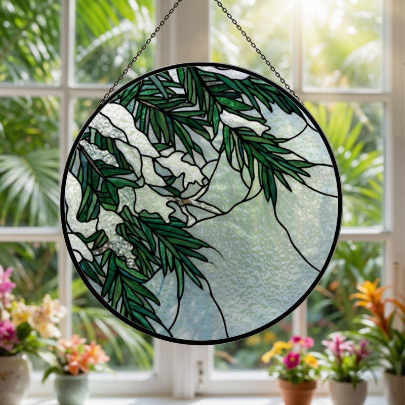 12"H Snowy Pine Stained Glass Window Panel, 12" H x 12" W