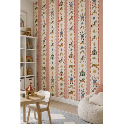 Papier peint à rayures roses de style vintage, motif d'animaux de cirque
