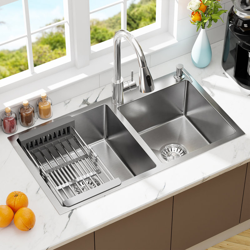 30" L X 17" W Double Bowl Stainless Steel Drop-in Kitchen Sink, 30" L X 17" W