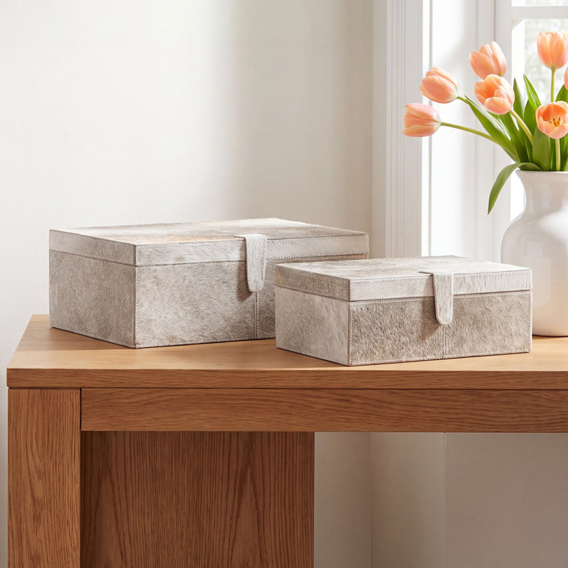 Georgine Natural Leather Hide and Wooden Decorative Box Set, Beige/Gray