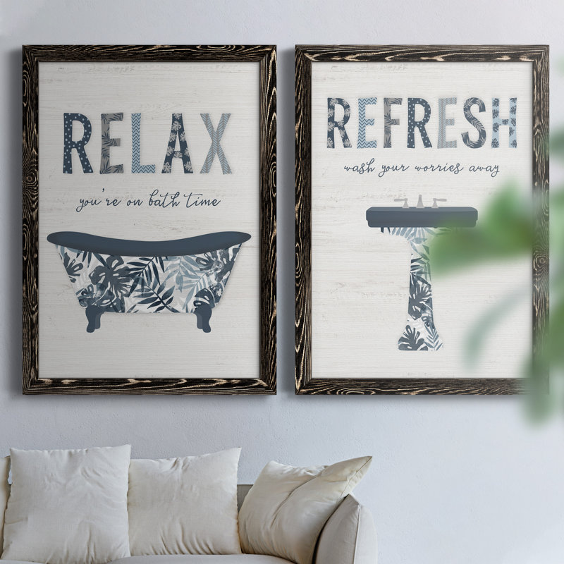 Palm Bath I - Ensemble de 2 encadrements d'art textuel sur toile, H 31,5 po x l 47 po x P 1,5 po, Toile avec cadre noir