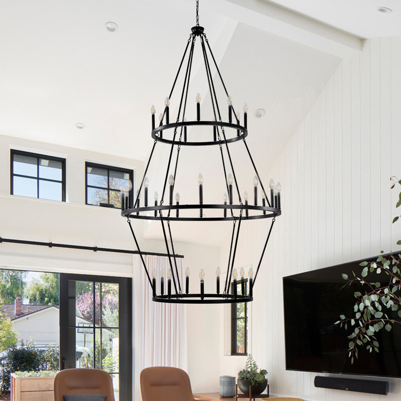 3 Tier Wheel-Shaped chandelier with E12 Base Bulb and 36 Lights, Matte Black