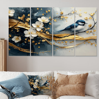 Oiseau bleu et doré sur une branche de cerisier en fleurs - ensemble d'art sur toile Cherry Blossom