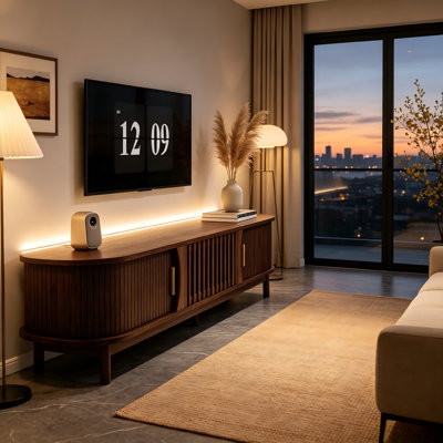 70" Modern Farmhouse TV Stand with Sliding Doors and Drop-Down Storage for 75 Inch TVs
