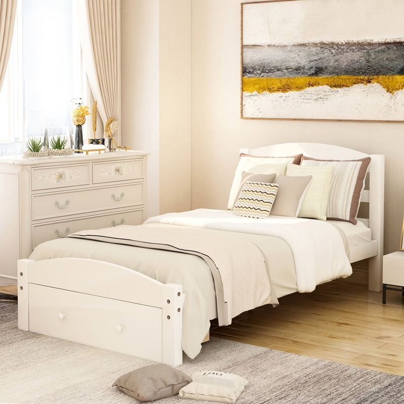 Lit simple avec rangement et lattes en bois massif - blanc, sans sommier tapissier
