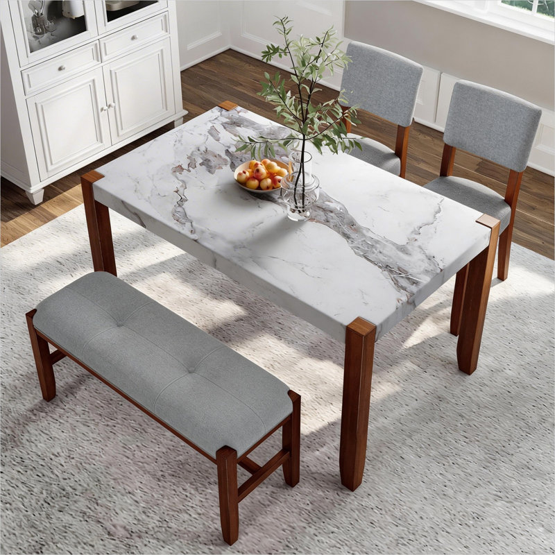 Ensemble de salle à manger 4 pièces avec table en faux marbre, banc en bois d'hévéa massif, gris doux et compact pour les petites pièces