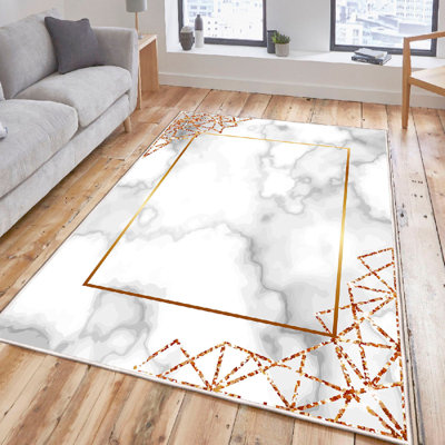 Premium 100% Cotton Area Rug, 31.5 x 118.1 Inches | Antibacterial, Non-Slip PVC Underside, Machine Washable | Elegant White, Grey & Gold Design, Soft Pile Height: 0.4 Inches | Perfect for Living Room & Bedroom Decor
