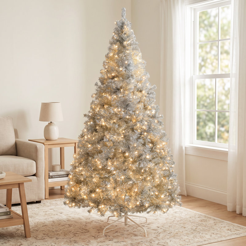 Sapin de Noël artificiel argenté de 1,80 m préilluminé avec 300 lumières DEL blanc chaud, 8 modes et télécommande