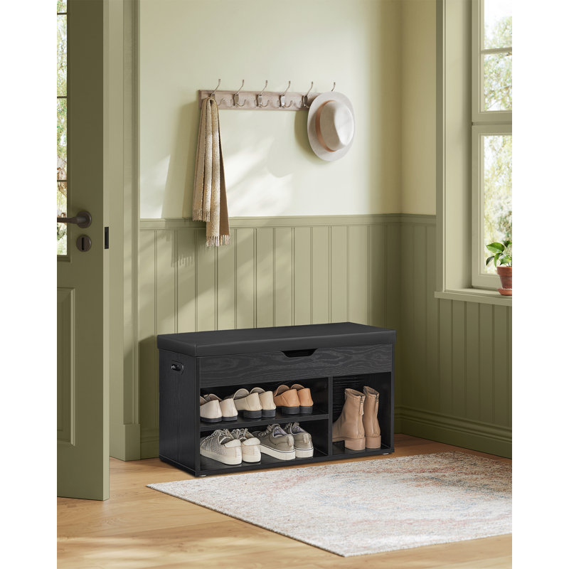 6 Pair Shoe Storage Bench, Black, 17.3" H x 31.5" W x 11.8" D