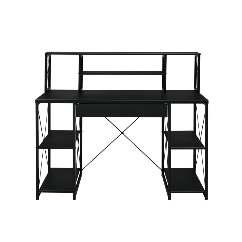 Bureau d'écriture noir avec quatre tablettes fixes et tiroir