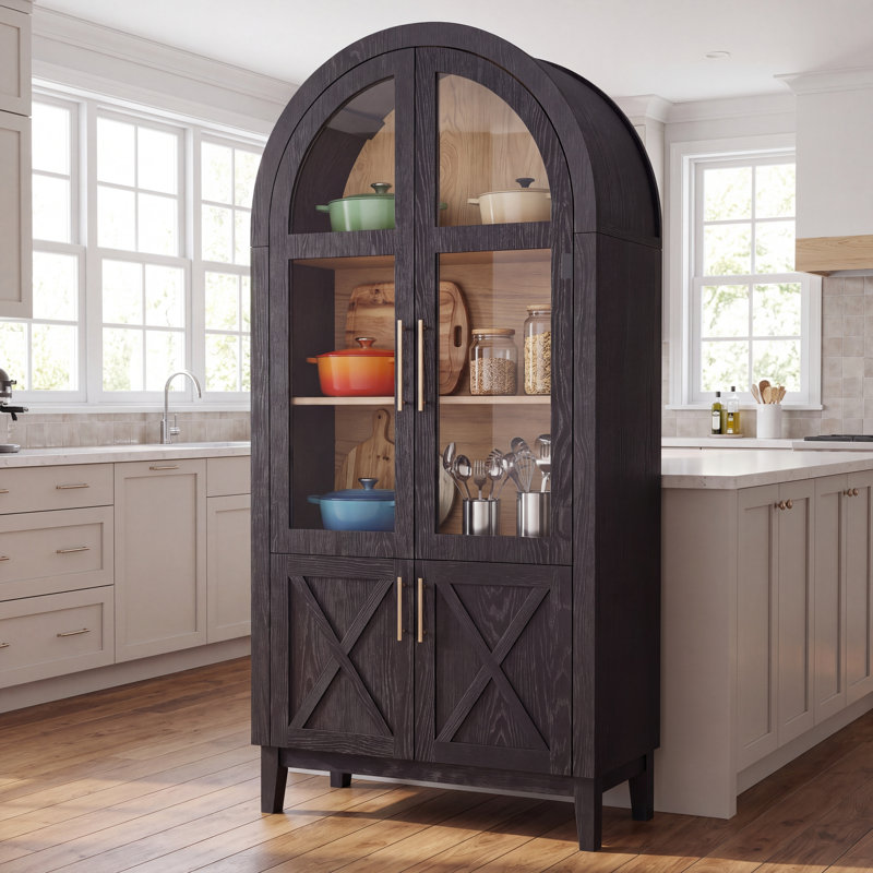 Tall Arched Farmhouse Storage Cabinet, Reversible 4-Door Kitchen Pantry with Glass & Rattan X Wood Doors, Adjustable Shelves, Display Cabinet for Kitchen Dining & Entryway