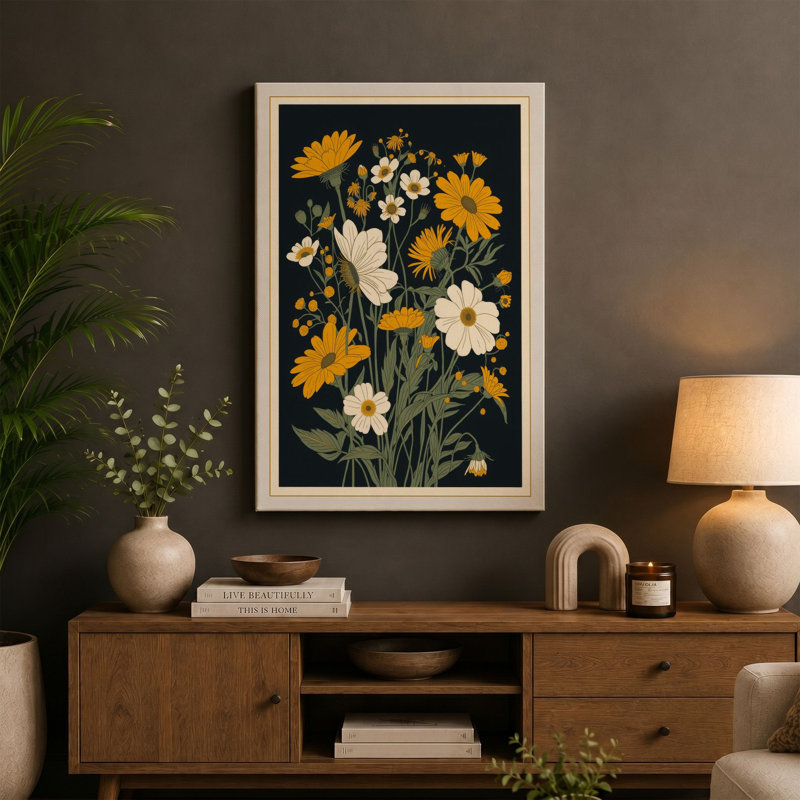 Yellow Blooms Study Botanical - Wrapped Canvas, 18x12 - 45.7 x 30.5 cm, Teal Border