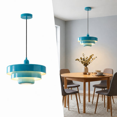 Industrial Adjustable Chandelier 1-Light Pendant Light With 3-Layer Blue Metal Shade, Vintage Hanging Lamp For Living Room