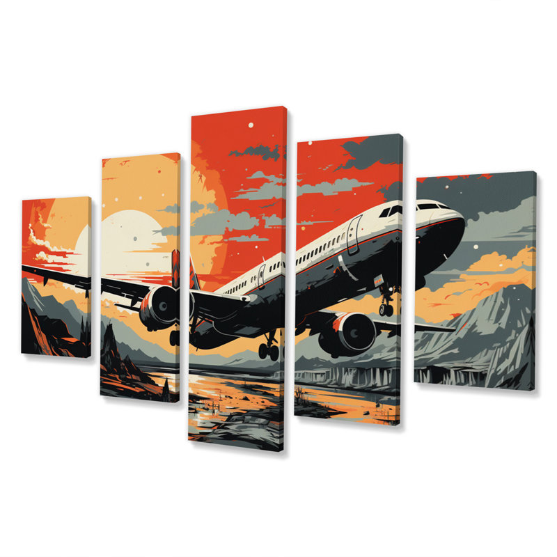  «Orange Sunset Overs The Plane Flight - Décoration murale transport - 5 panneaux
