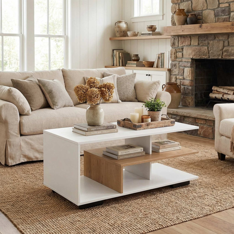Table basse robuste et moderne avec tablette de rangement en L fonctionnelle