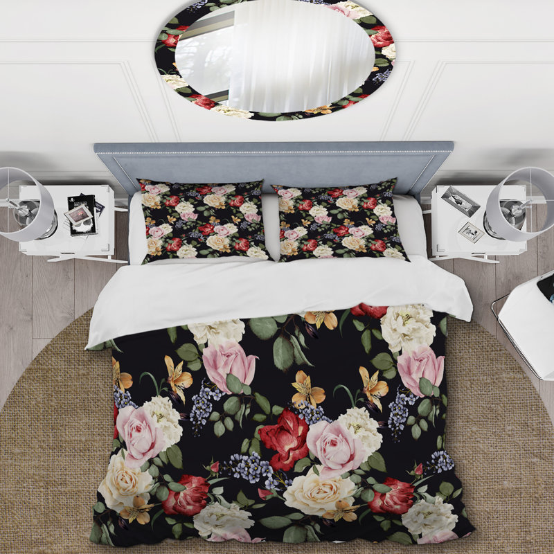 Roses colorées et feuille verte - Ensemble de housse de couette Cabin & Lodge