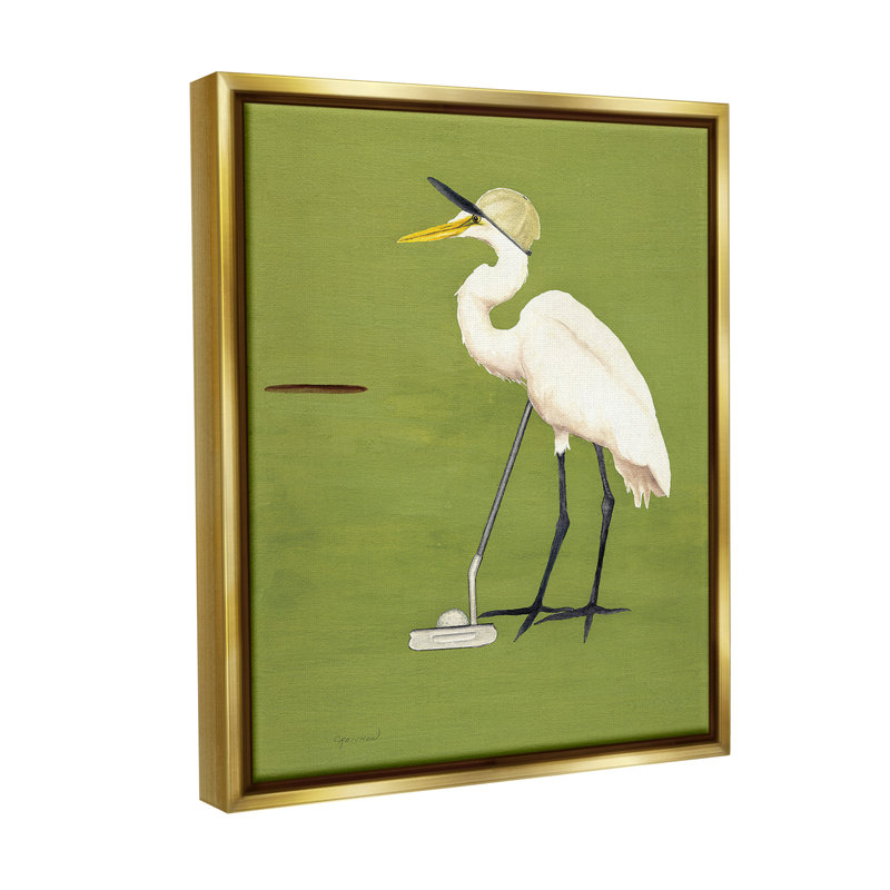 «Golfing Heron Bird» par Christine Reichow sur, Cadre flottant métallique doré, H 31 po x l 25 po