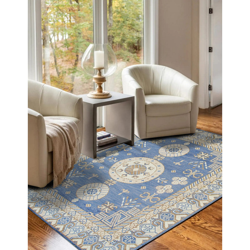 Blue Hand-Knotted Wool Circular Emblem Medallions Geometric Modern Contemporary Carpet Rug, 10' x 14'