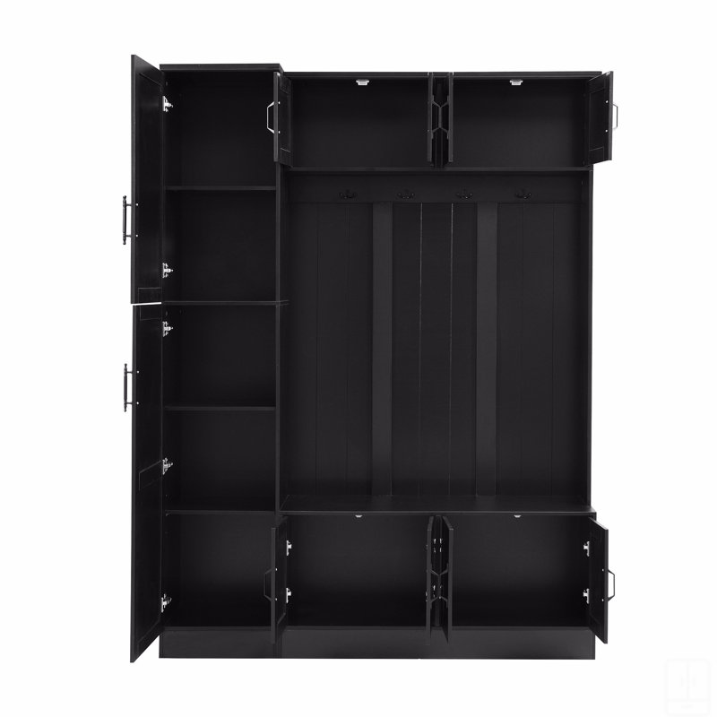 79'' Tall Modern Hall Tree With Shoe Storage, 4-In-1 Entryway Bench With 6 Cabinets, 4 Coat Hooks & Adjustable Shelf, Black